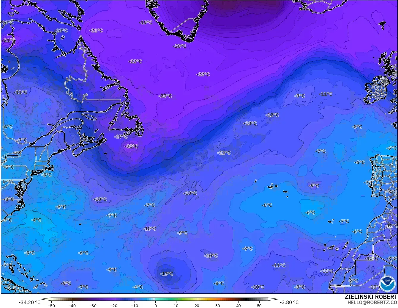 GFS modelo - Norte Atlántico, Temperatura a 500 hPa
