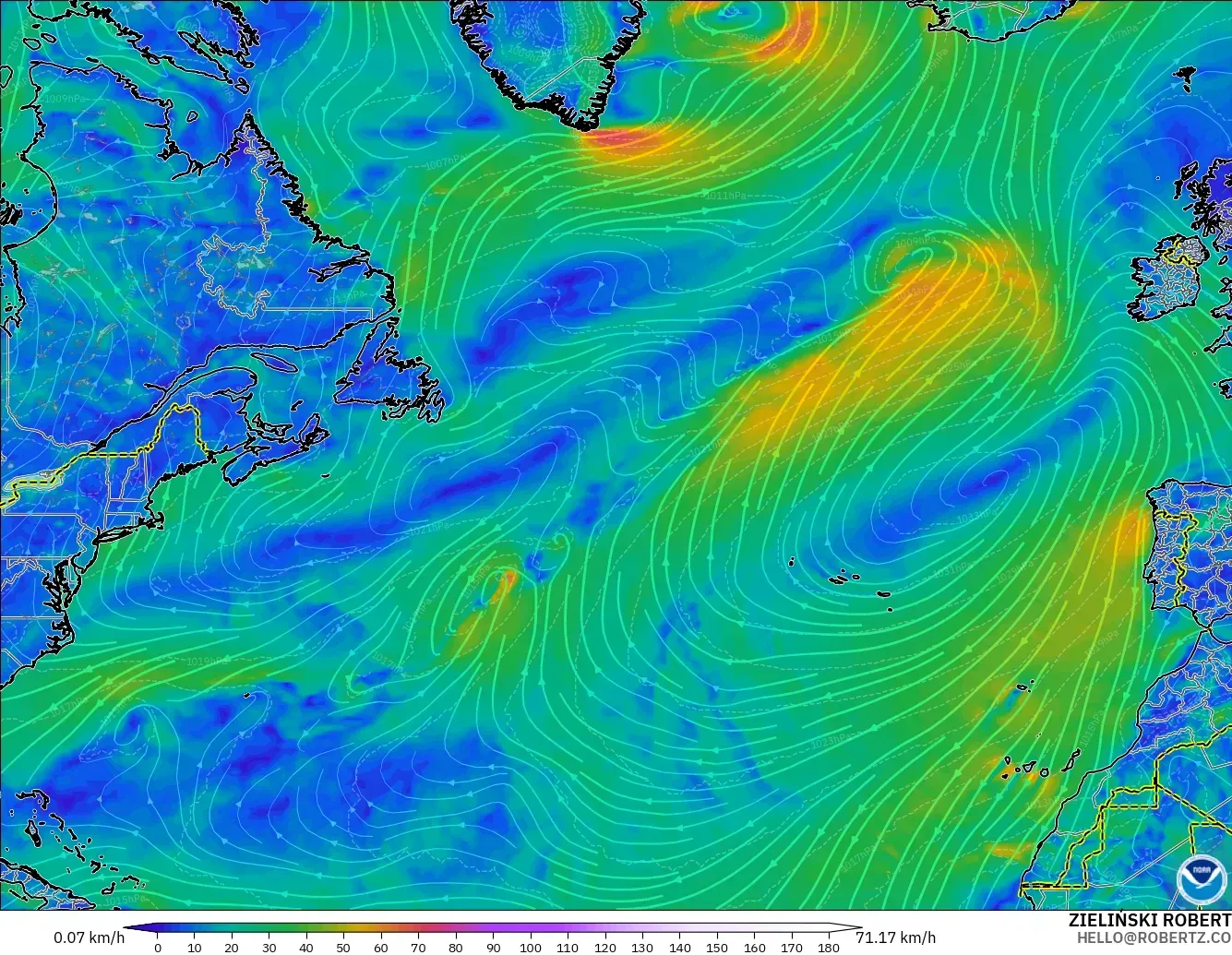 GFS modelo - Norte Atlántico, Viento a 10 m