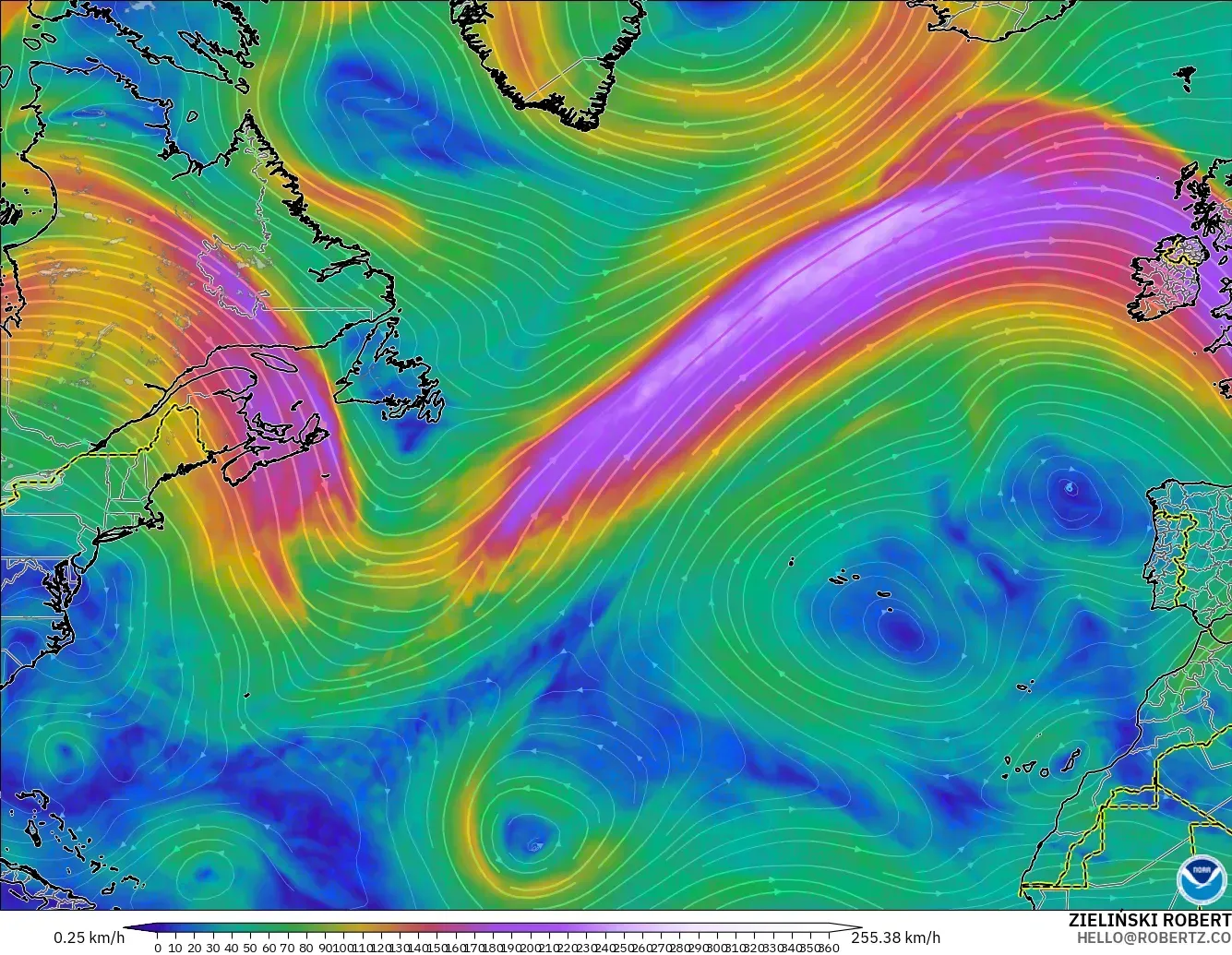 GFS modelo - Norte Atlántico, Viento a 300 hPa (corriente en chorro)