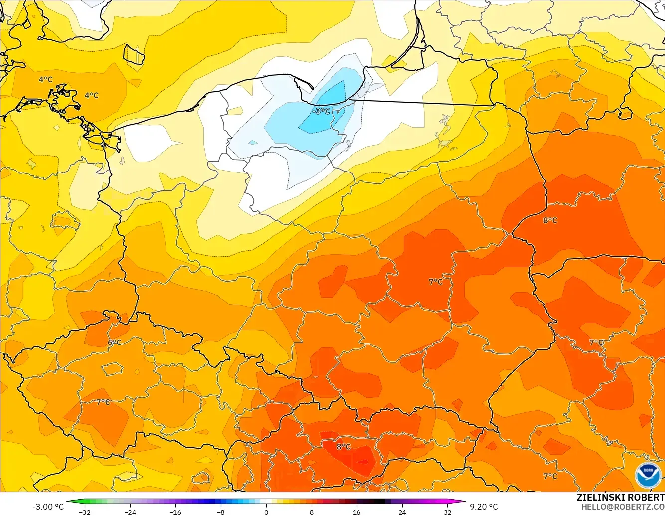 GFS modelo - Polonia, Anomalía de temperatura a 2 m
