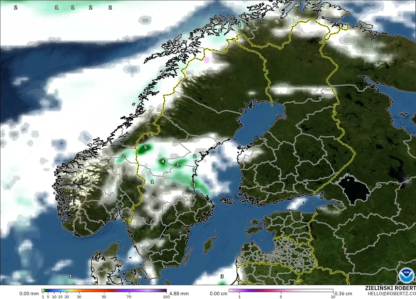 GFS modelo - Escandinavia, Precipitación, nubes y presión