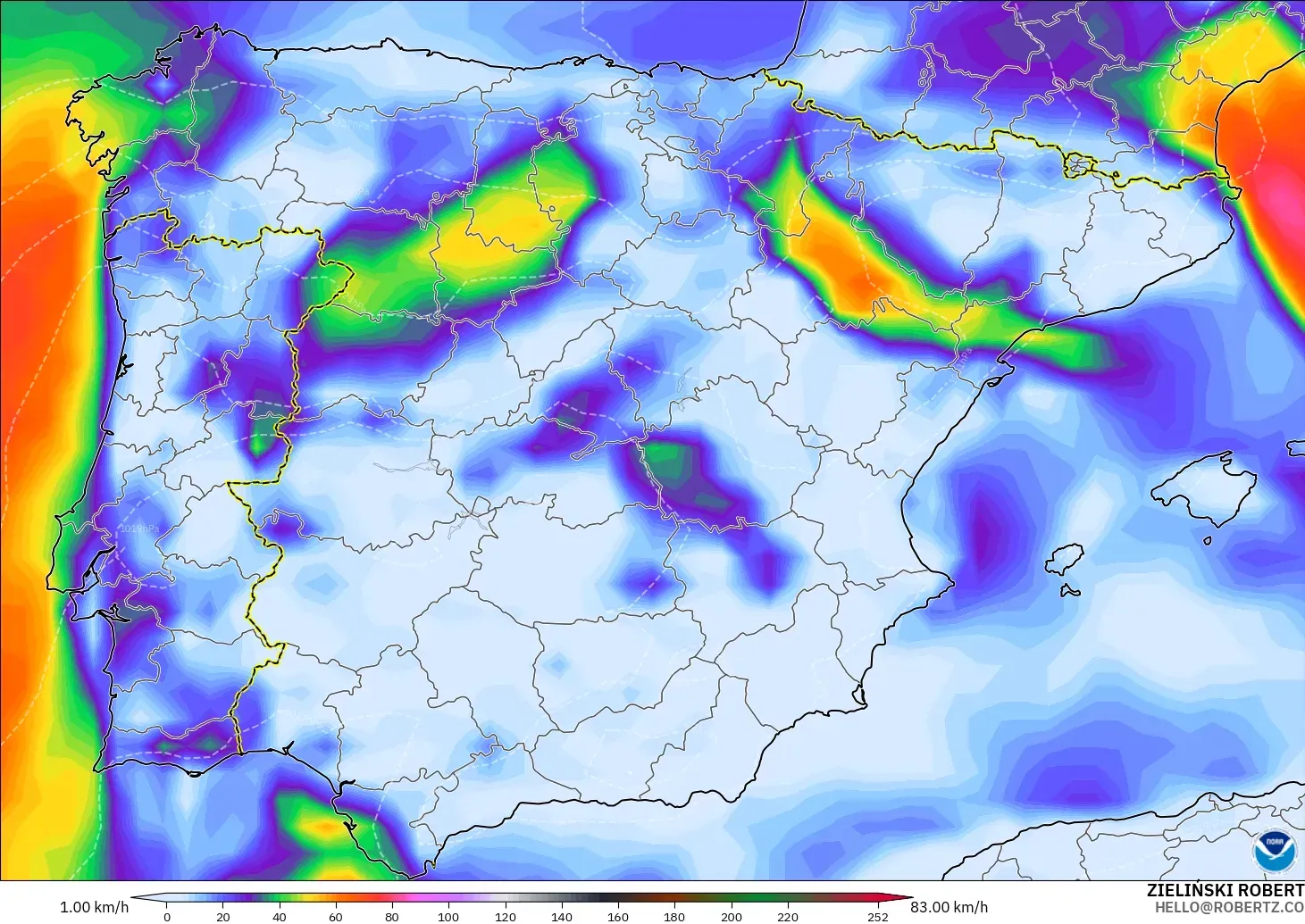 GFS modelo - España, Ráfagas de Viento Máximas