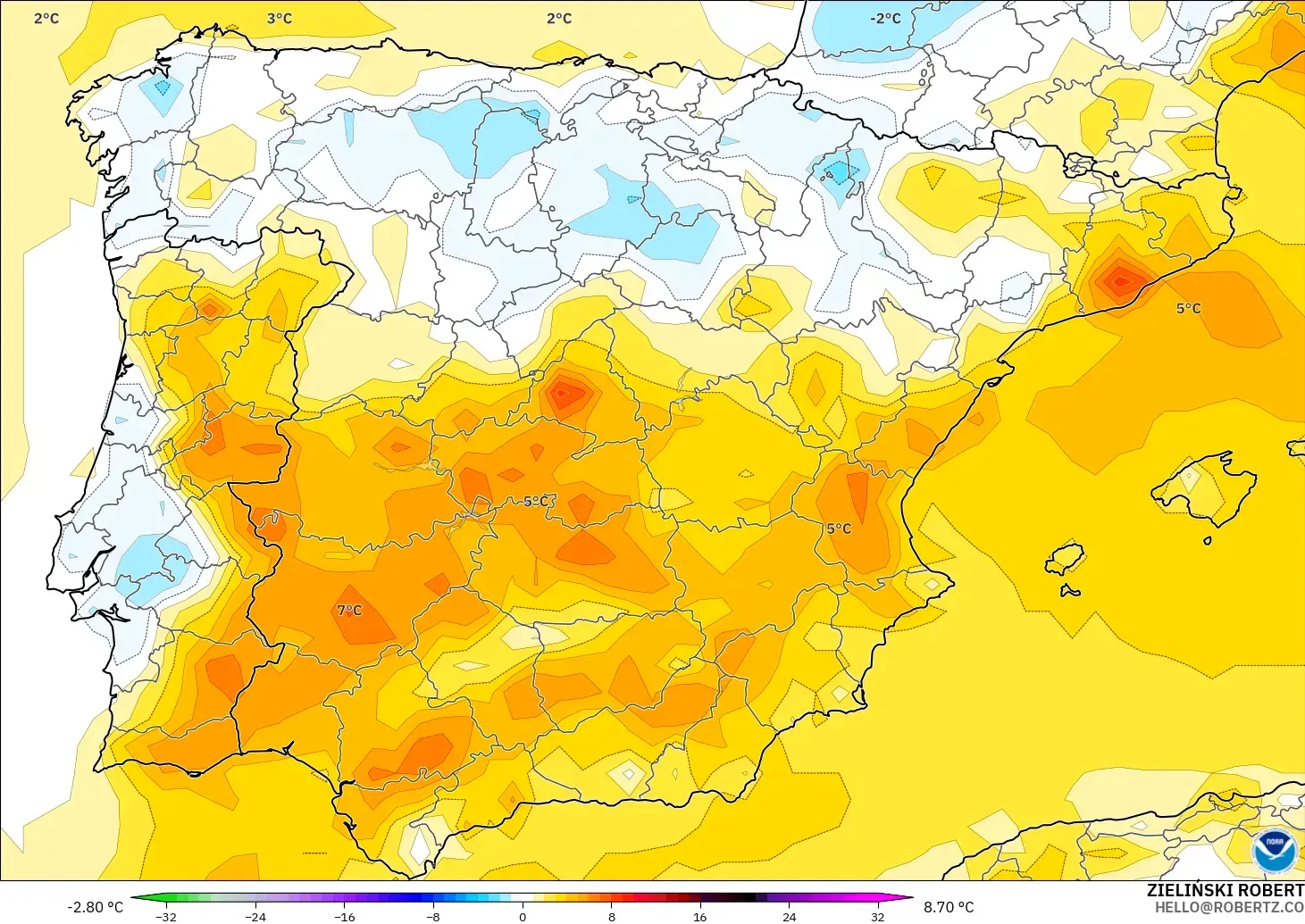 GFS modelo - España, Anomalía de temperatura a 2 m