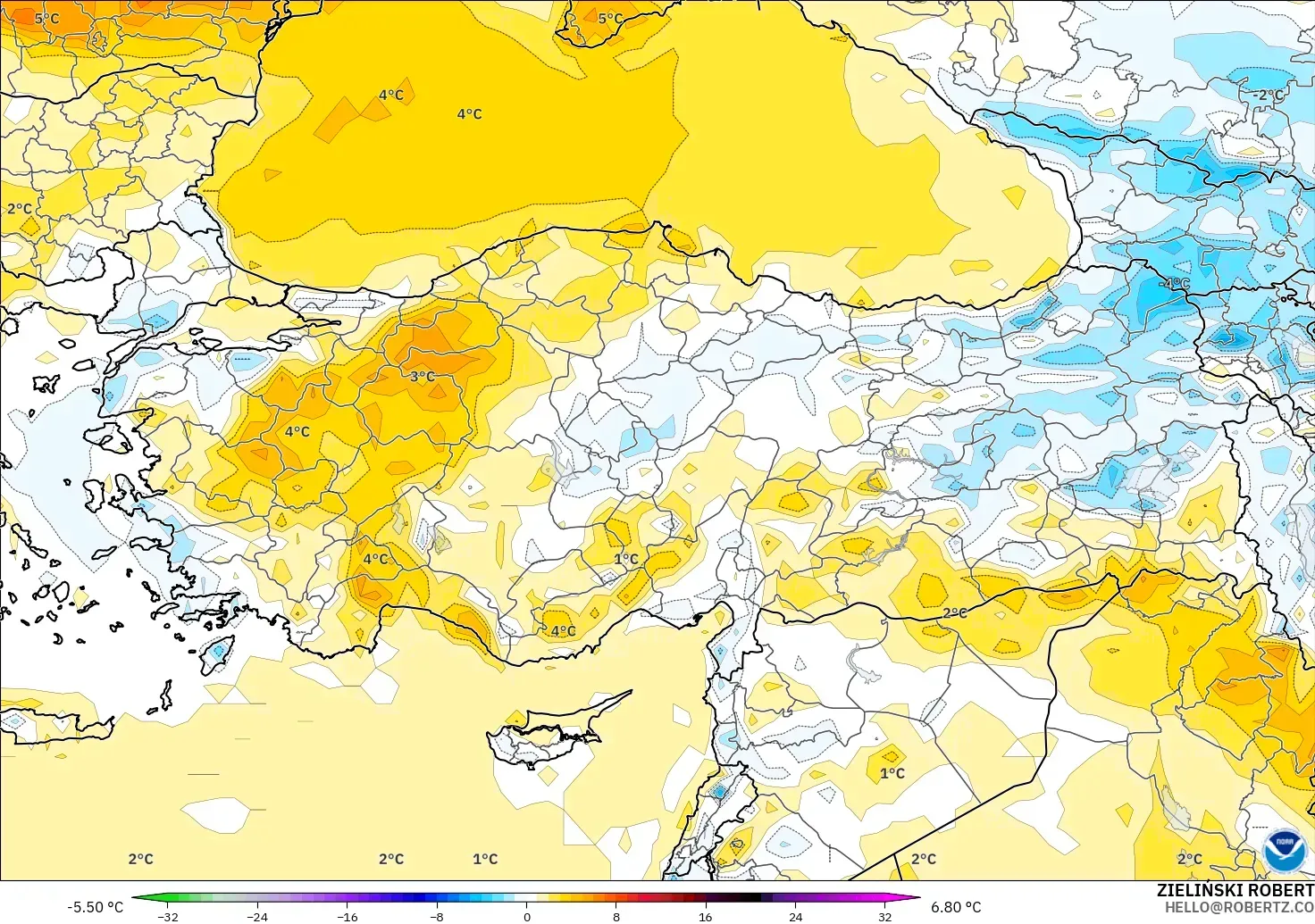 GFS modelo - Turquía, Anomalía de temperatura a 2 m