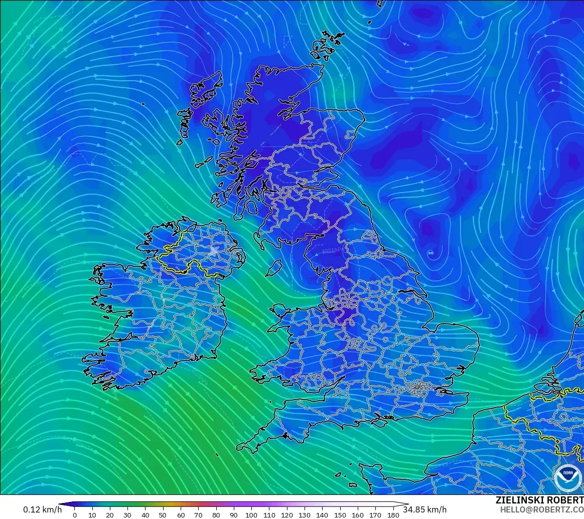 GFS modelo - Reino Unido, Viento a 10 m