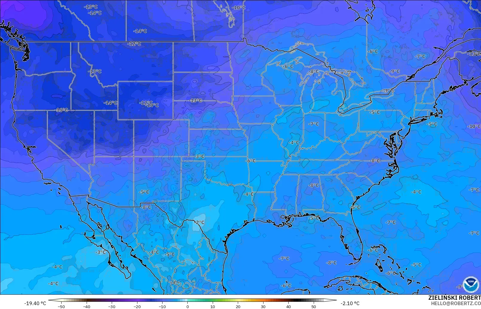 GFS modelo - Estados Unidos, Temperatura a 500 hPa