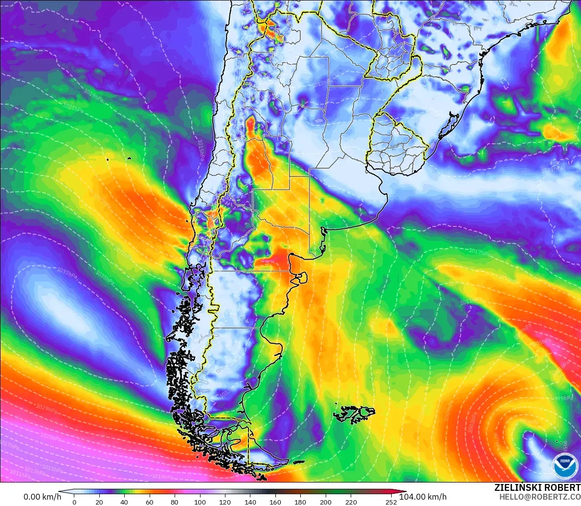 GFS modelo - Argentina, Ráfagas de Viento Máximas