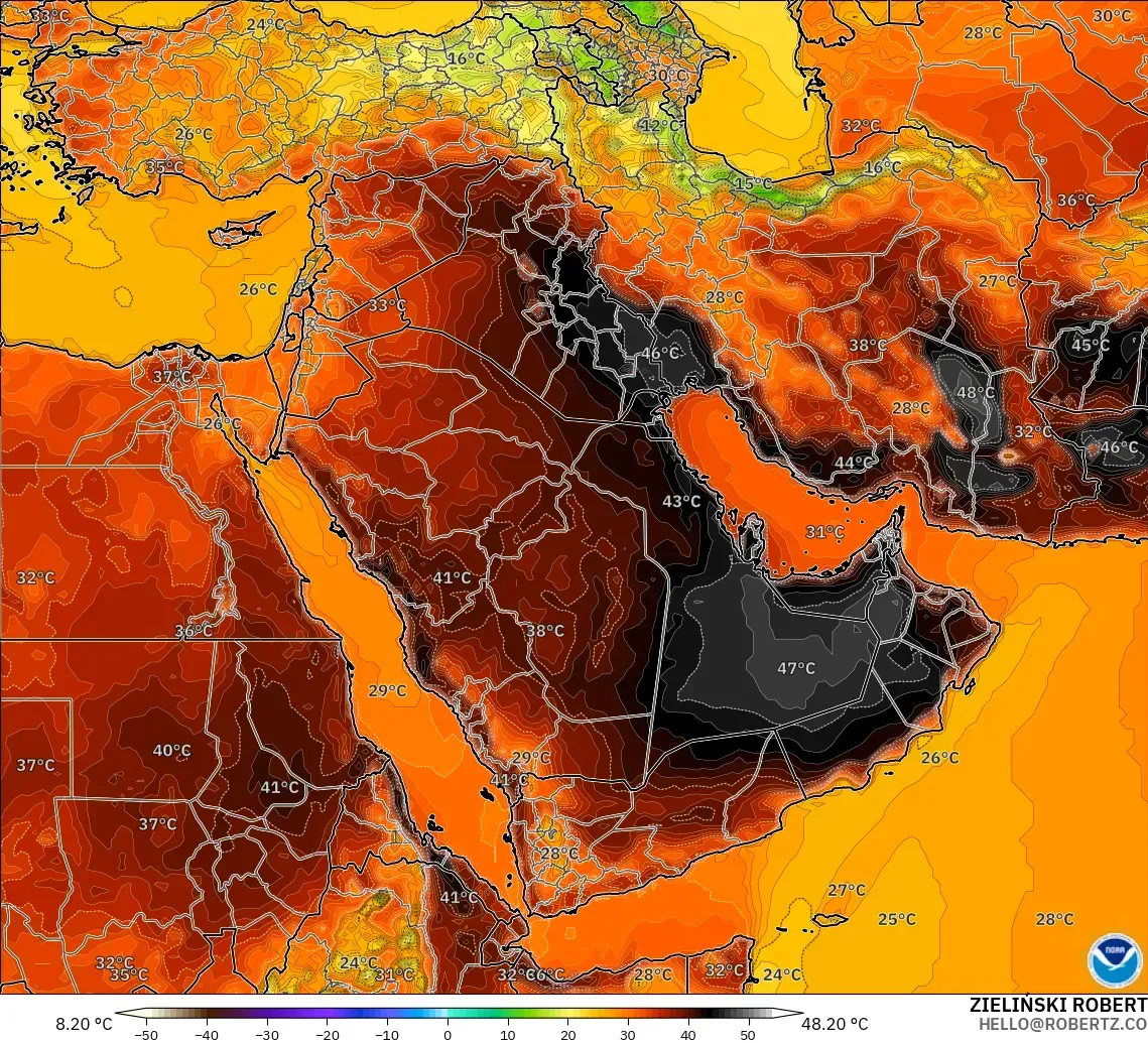 GFS modelo - Oriente Medio, Temperatura a 2 m
