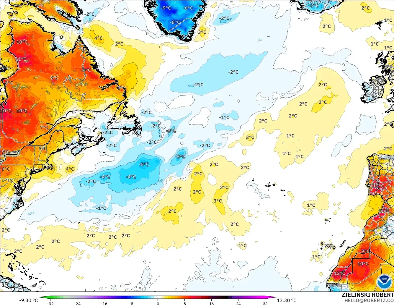 GFS modelo - Norte Atlántico, Anomalía de temperatura a 2 m