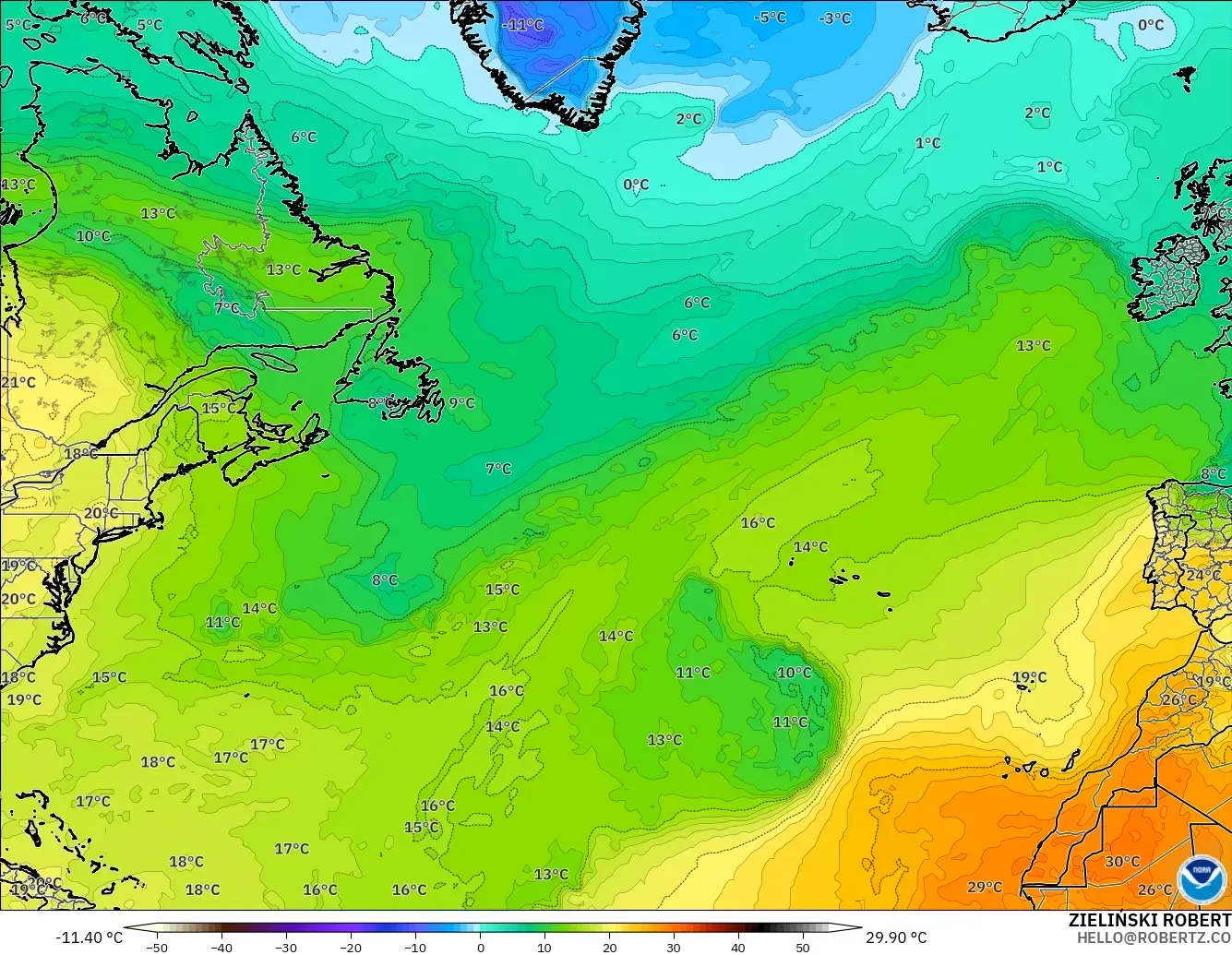 GFS modelo - Norte Atlántico, Temperatura a 850 hPa