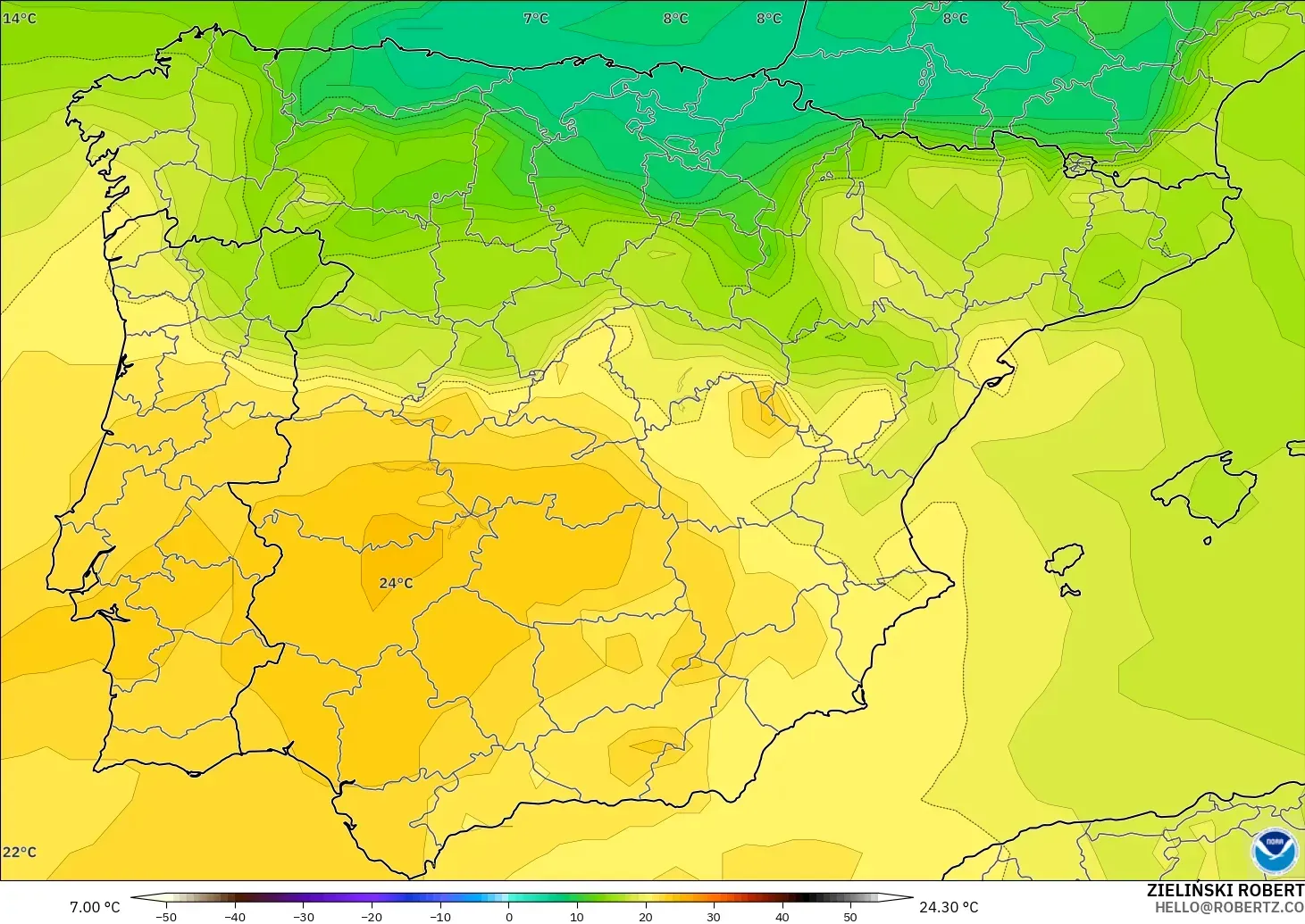 GFS modelo - España, Temperatura a 850 hPa