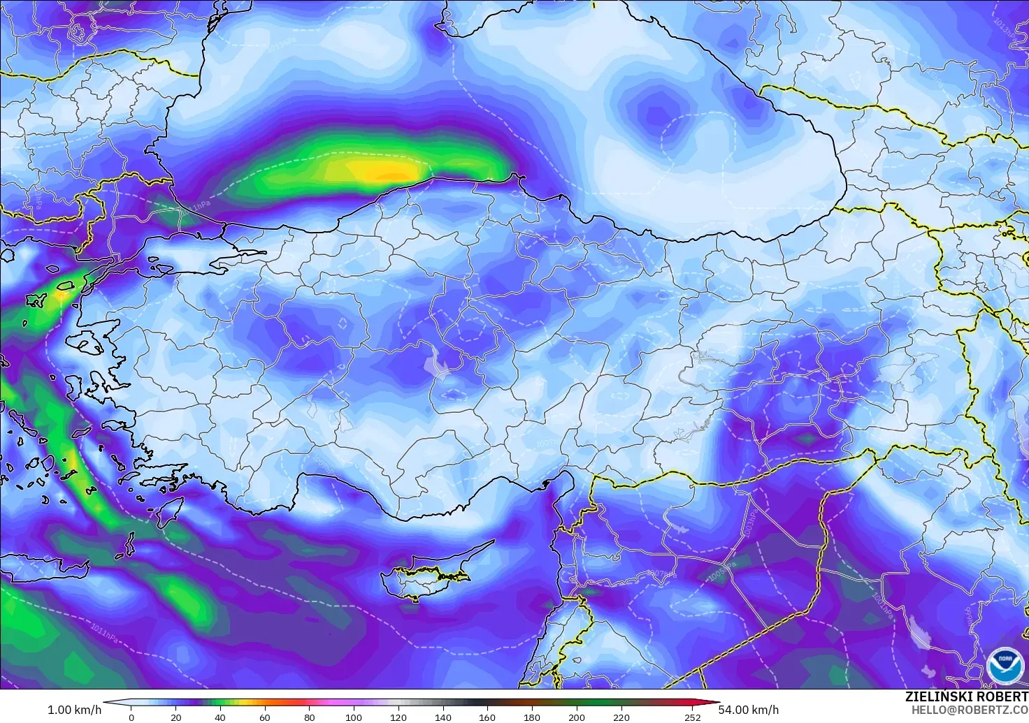 GFS modelo - Turquía, Ráfagas de Viento Máximas
