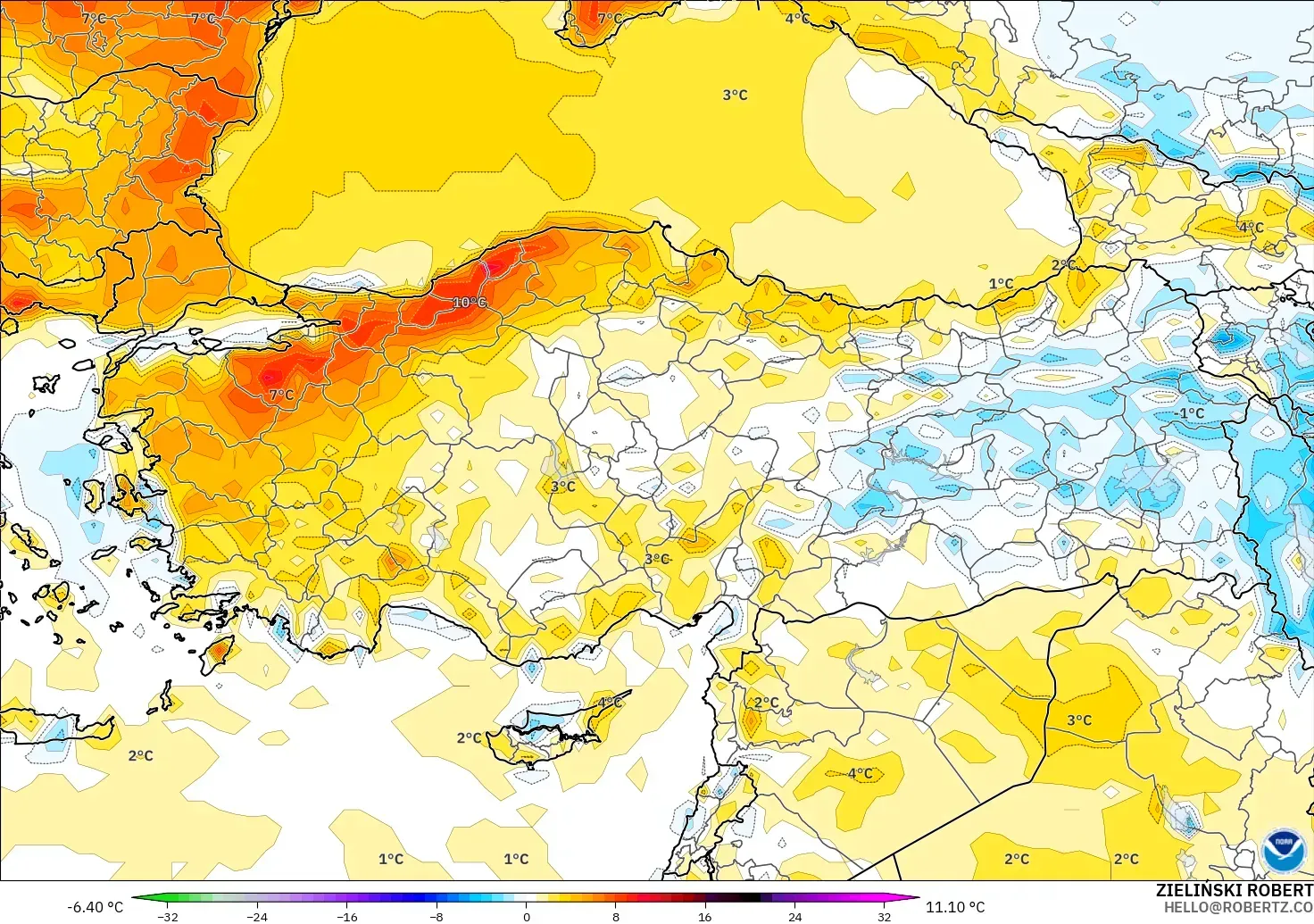 GFS modelo - Turquía, Anomalía de temperatura a 2 m