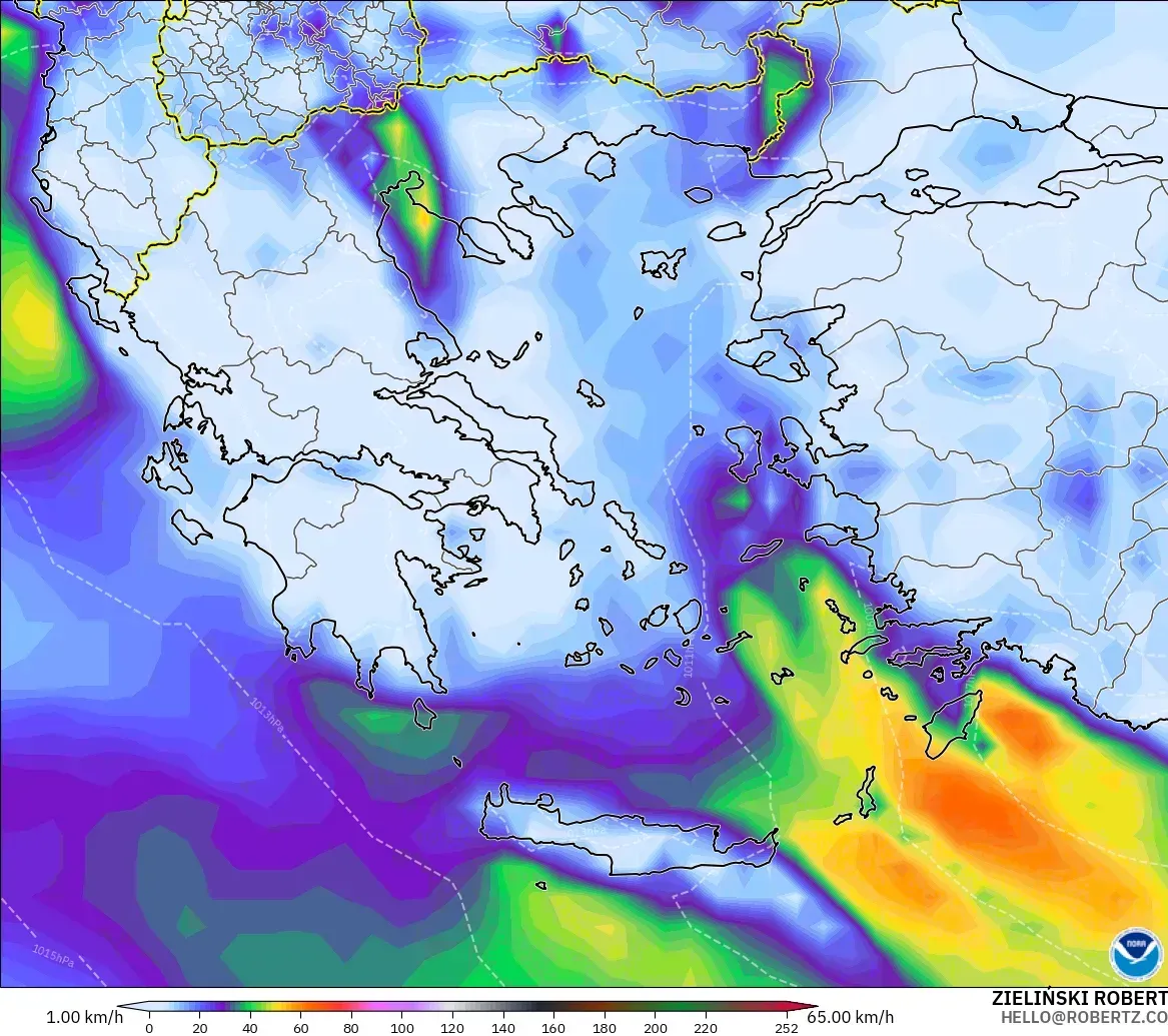 GFS modelo - Grecia, Ráfagas de Viento Máximas