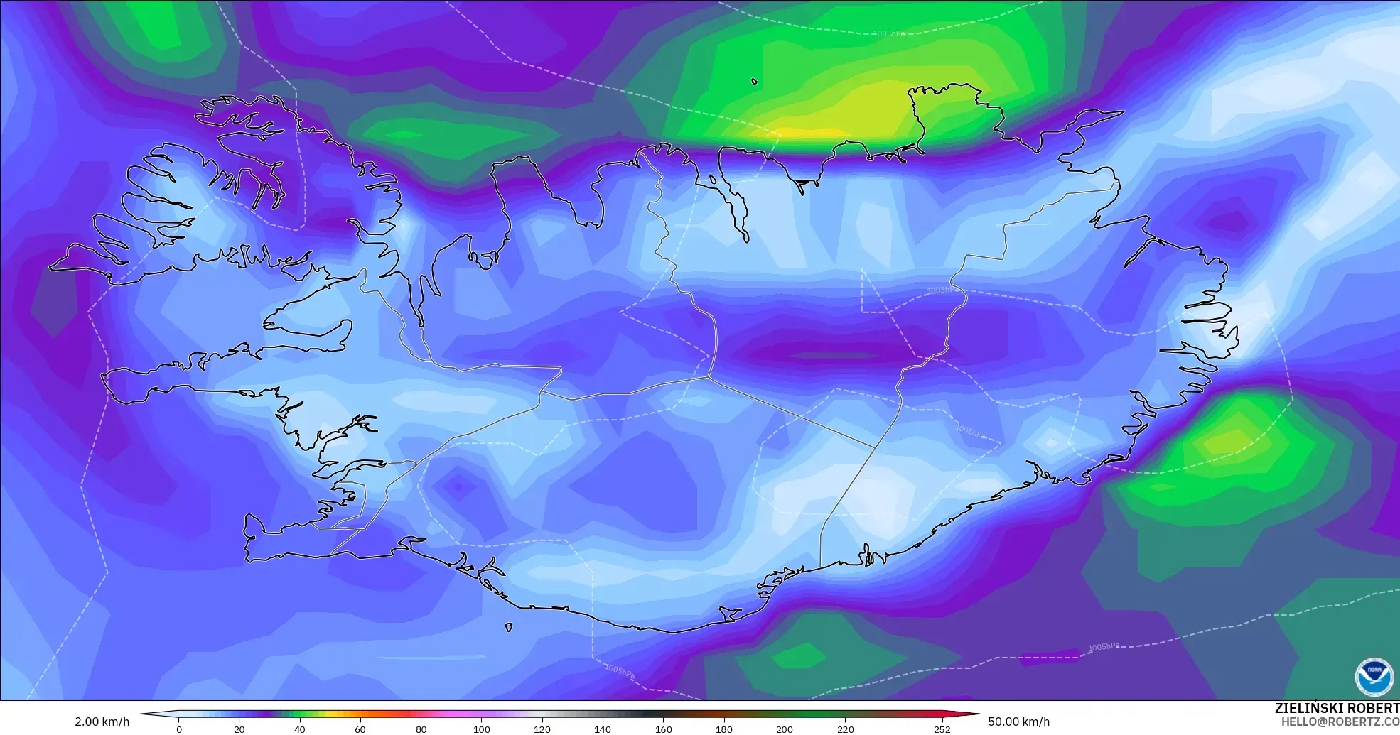 GFS modelo - Islandia, Ráfagas de Viento Máximas
