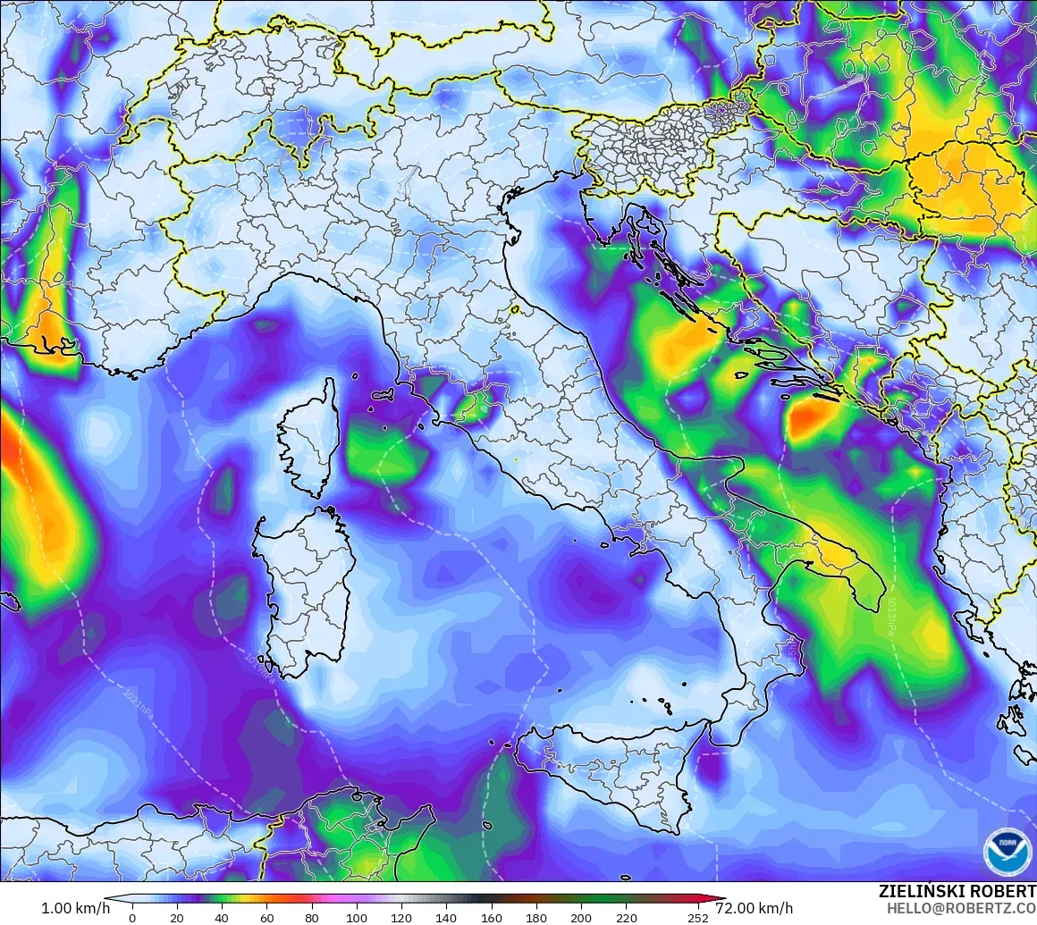 GFS modelo - Italia, Ráfagas de Viento Máximas