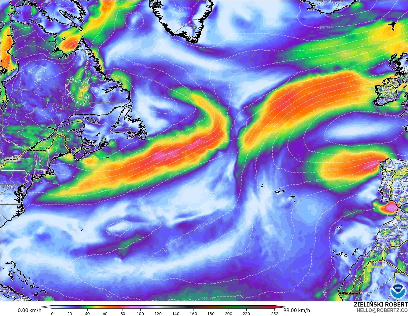 GFS modelo - Norte Atlántico, Ráfagas de Viento Máximas