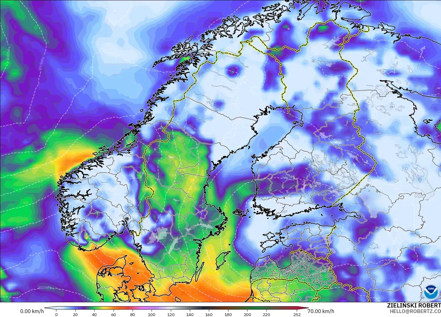 GFS modelo - Escandinavia, Ráfagas de Viento Máximas
