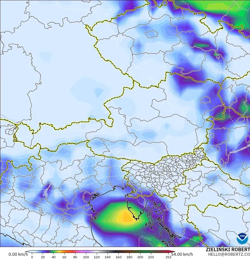 GFS modelo - Austria, Ráfagas de Viento Máximas