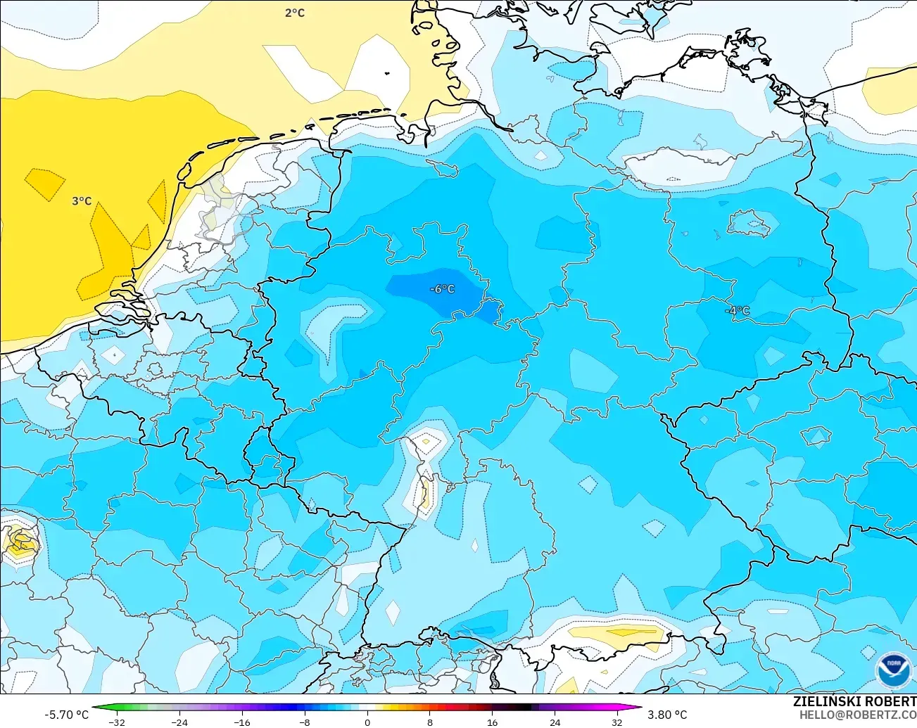 GFS modelo - Alemania, Anomalía de temperatura a 2 m