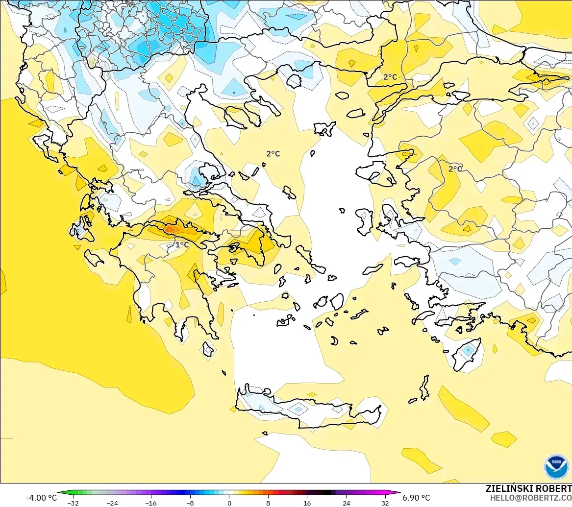 GFS modelo - Grecia, Anomalía de temperatura a 2 m