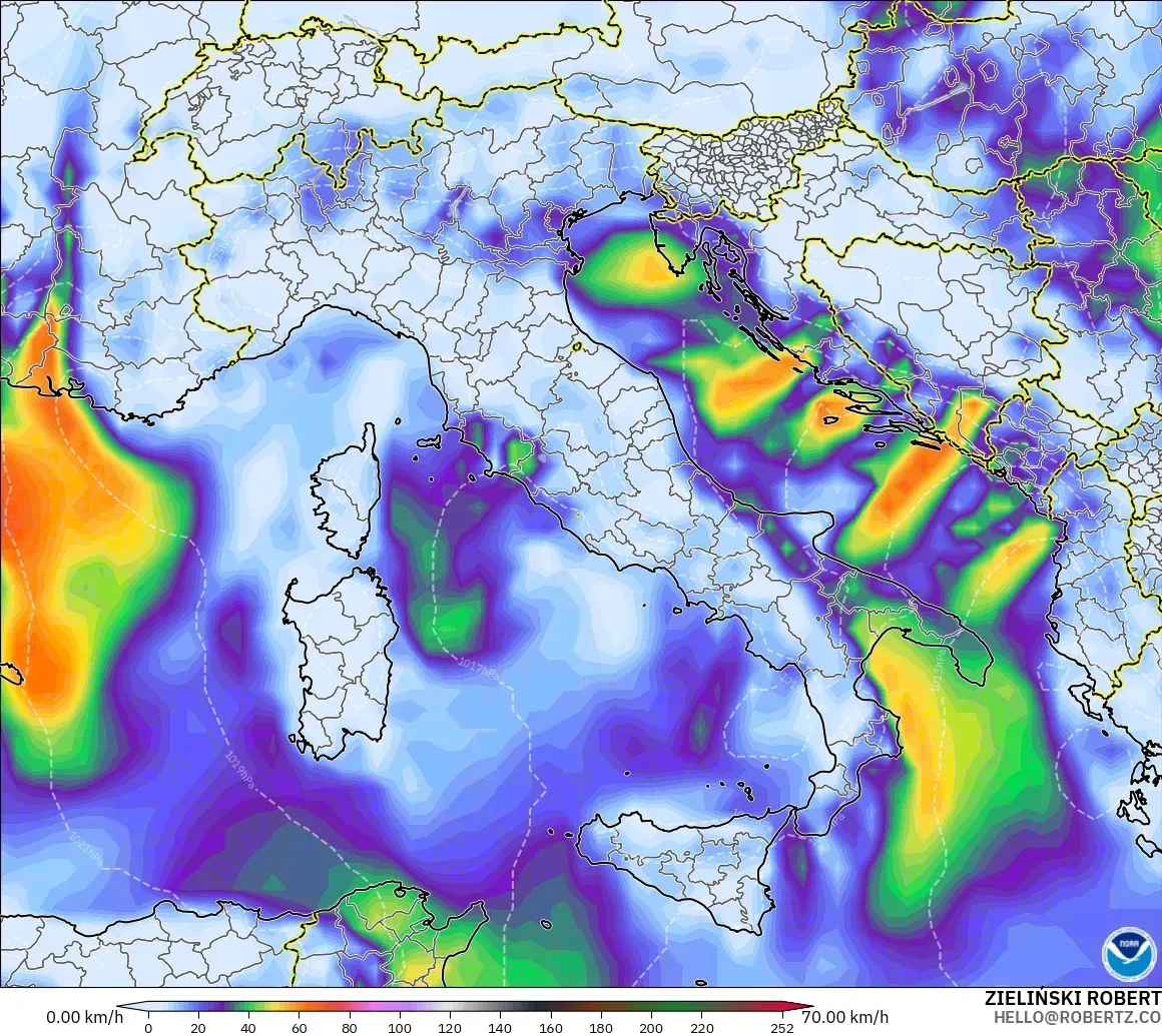 GFS modelo - Italia, Ráfagas de Viento Máximas