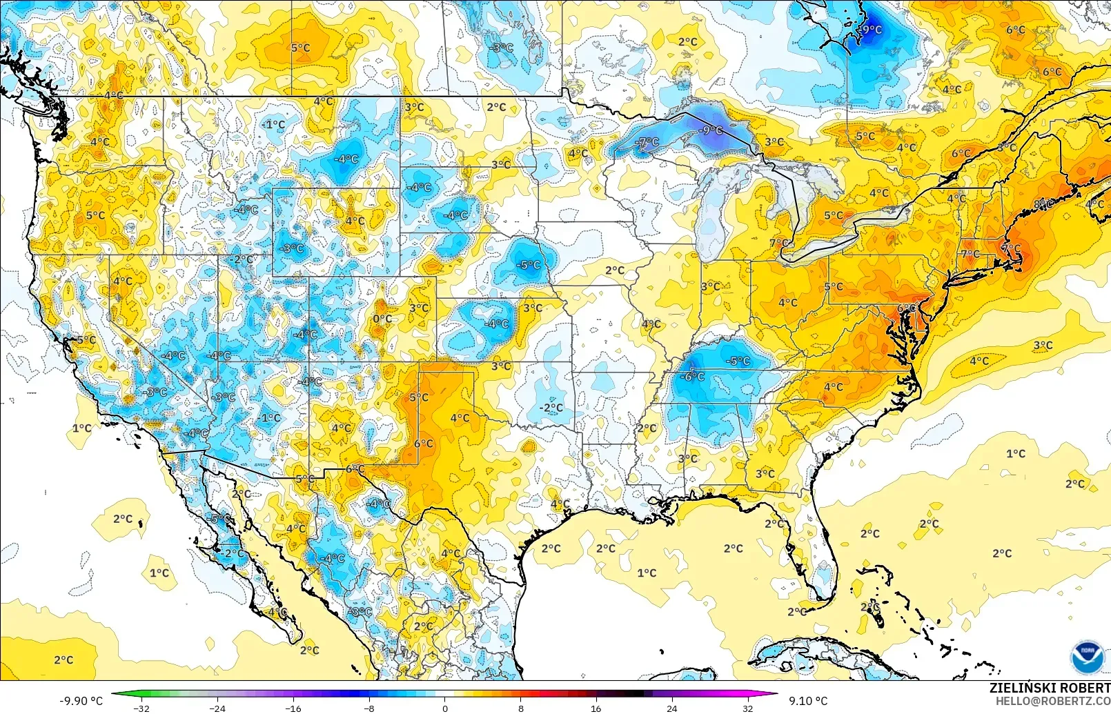 GFS modelo - Estados Unidos, Anomalía de temperatura a 2 m