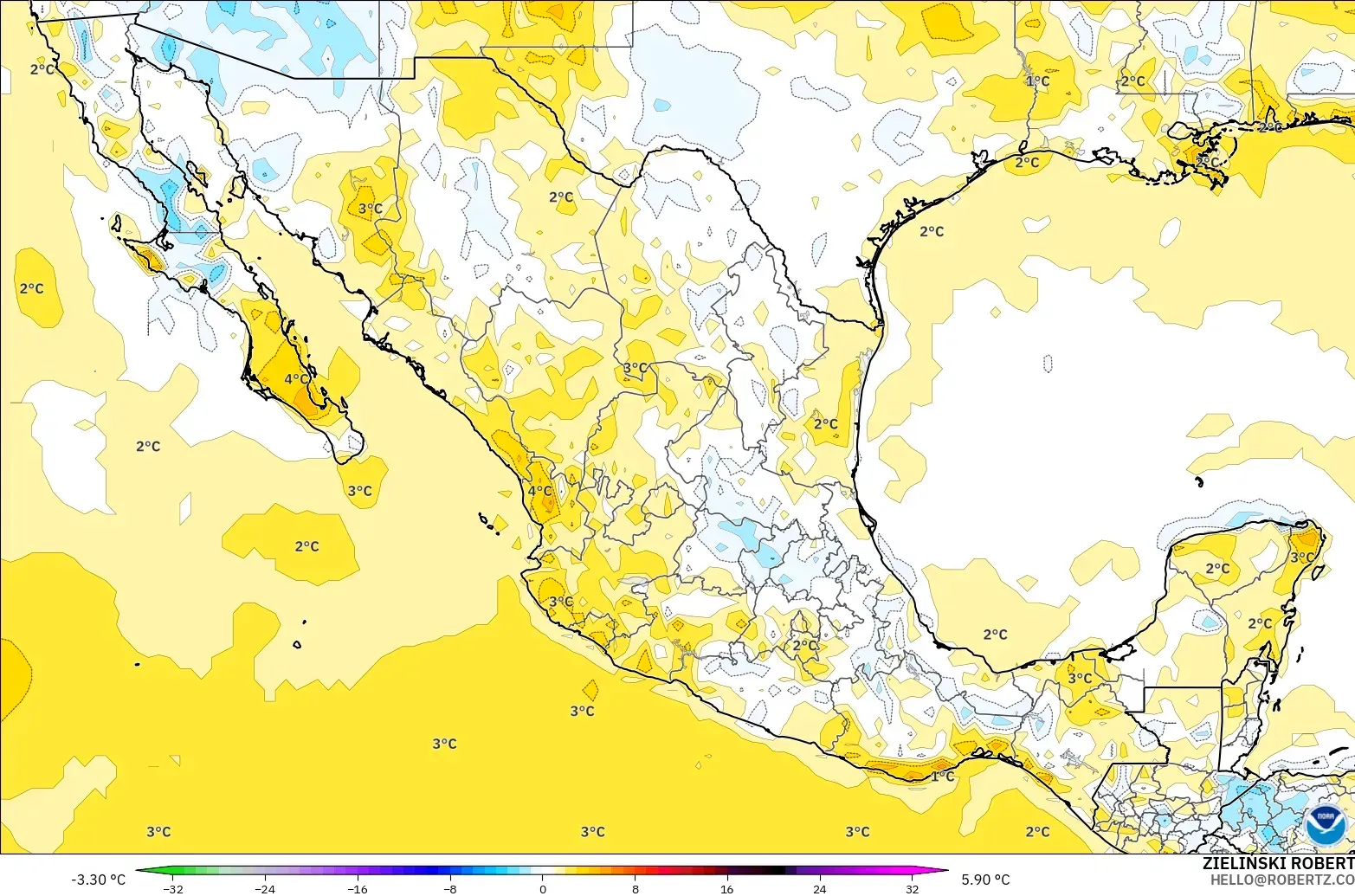 GFS modelo - México, Anomalía de temperatura a 2 m