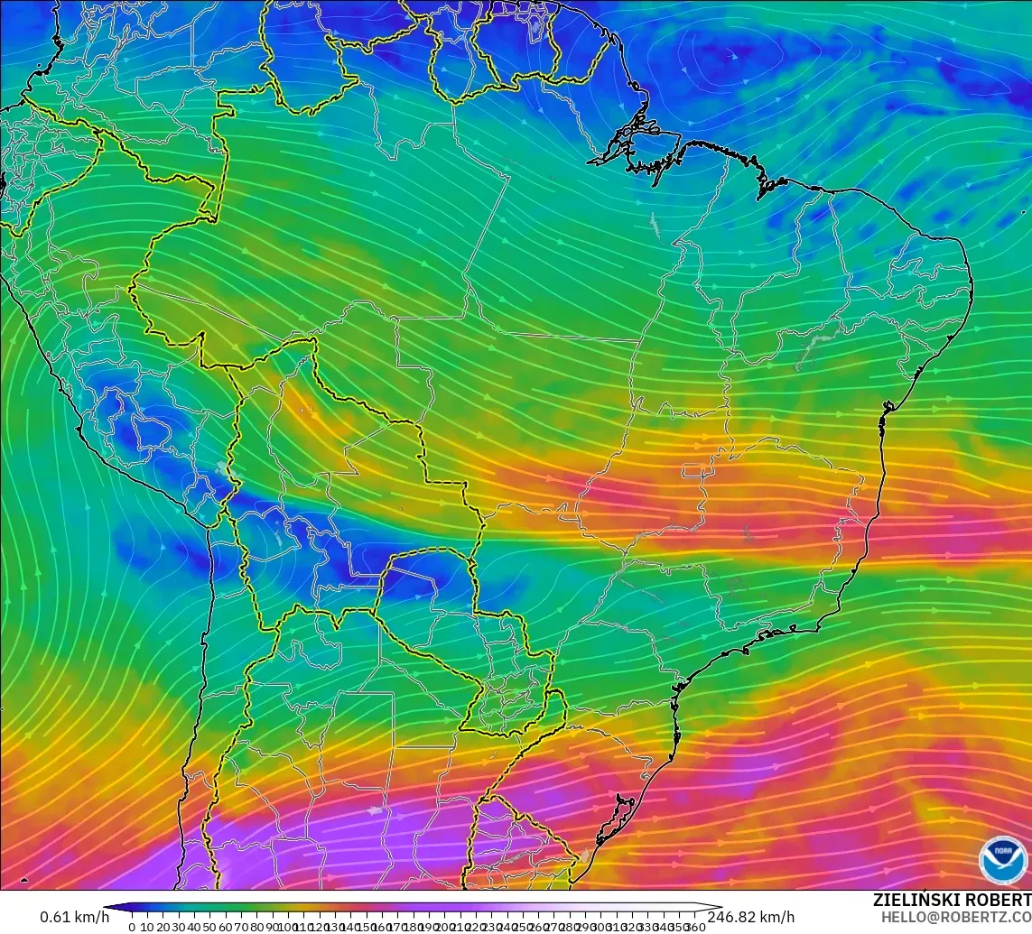 GFS modelo - Brasil, Viento a 300 hPa (corriente en chorro)