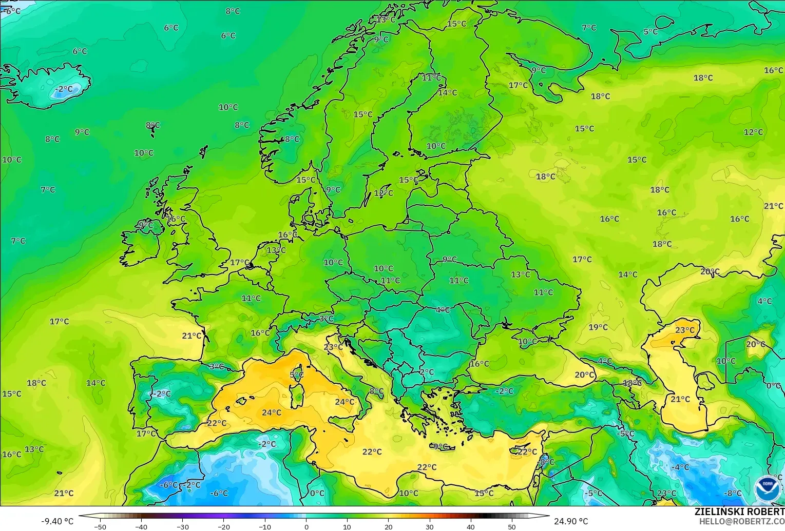 GFS modelo - Europa, Punto de rocío a 2 m