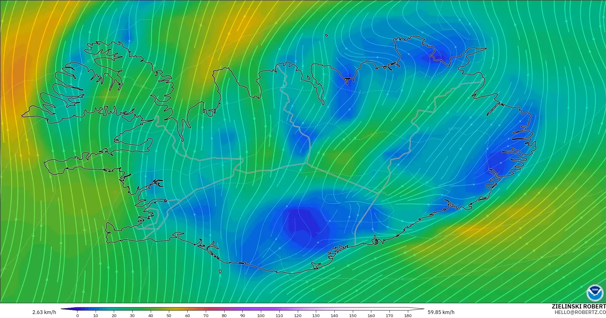 GFS modelo - Islandia, Viento a 10 m