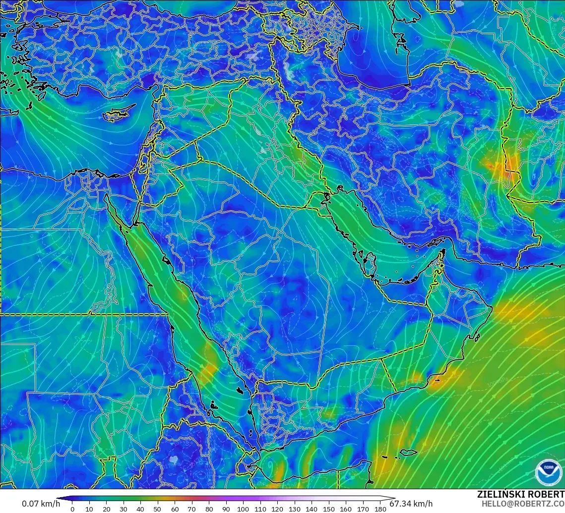 GFS modelo - Oriente Medio, Viento a 10 m