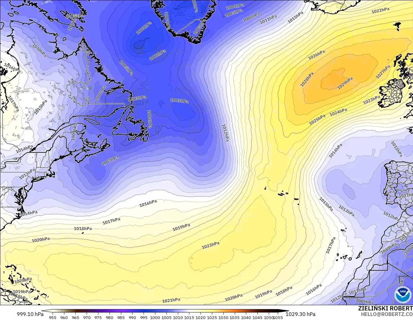 GFS modelo - Norte Atlántico, Presión