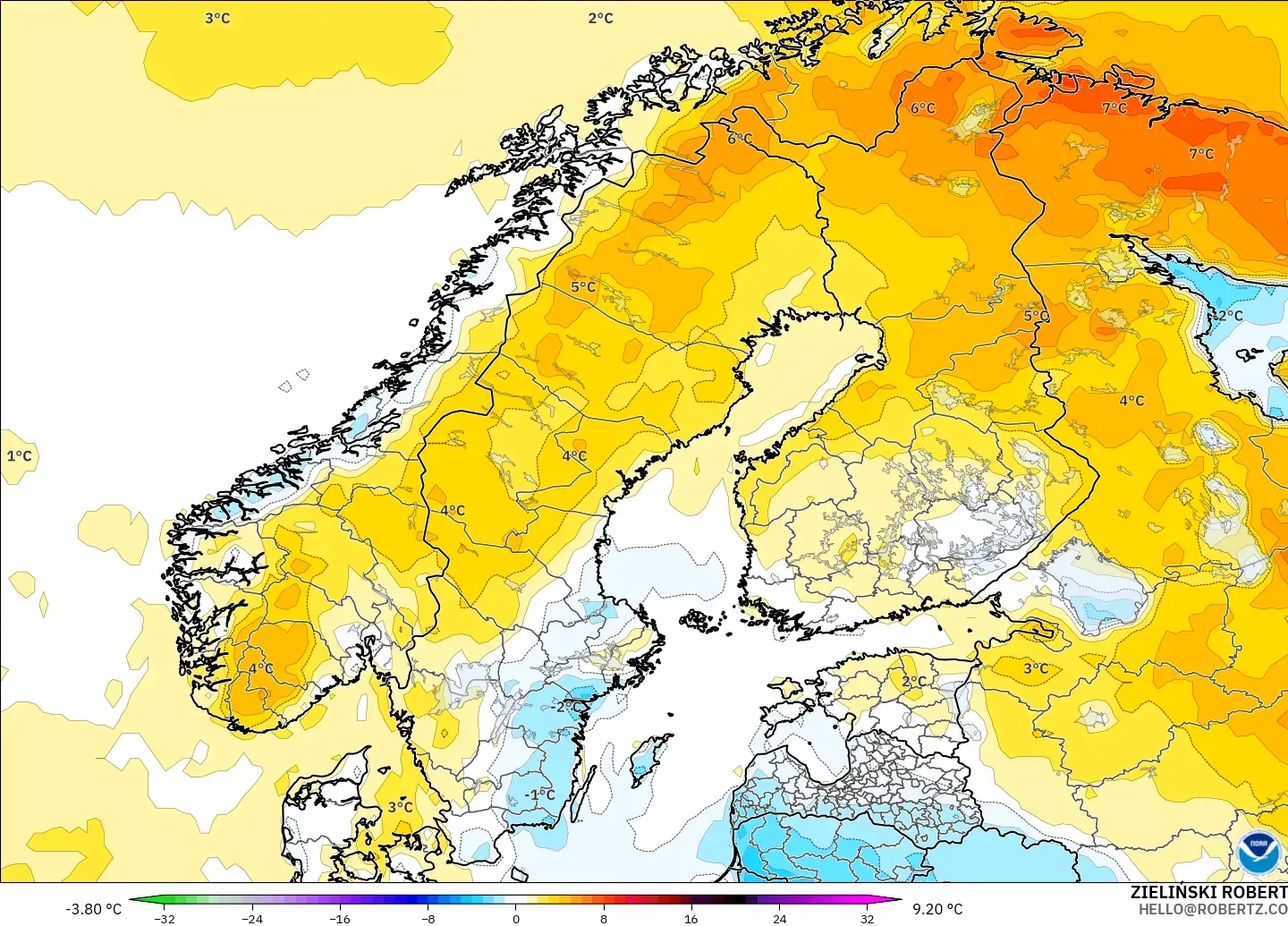 GFS modelo - Escandinavia, Anomalía de temperatura a 2 m