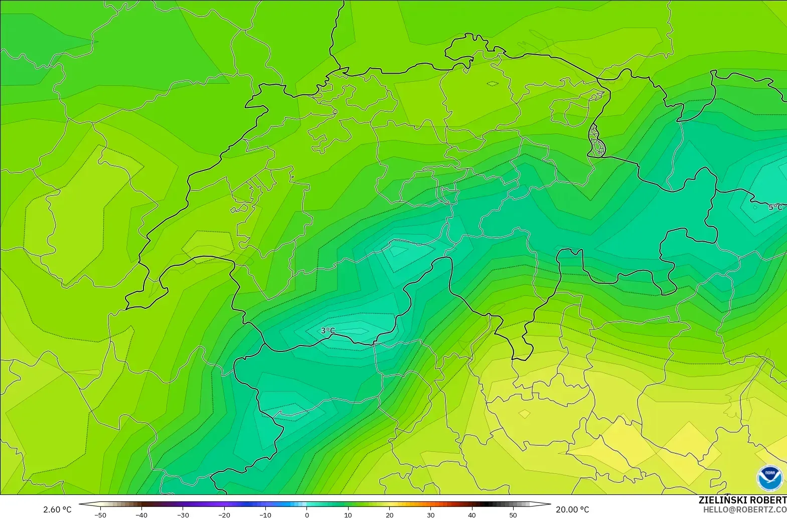 GFS modelo - Suiza, Punto de rocío a 2 m