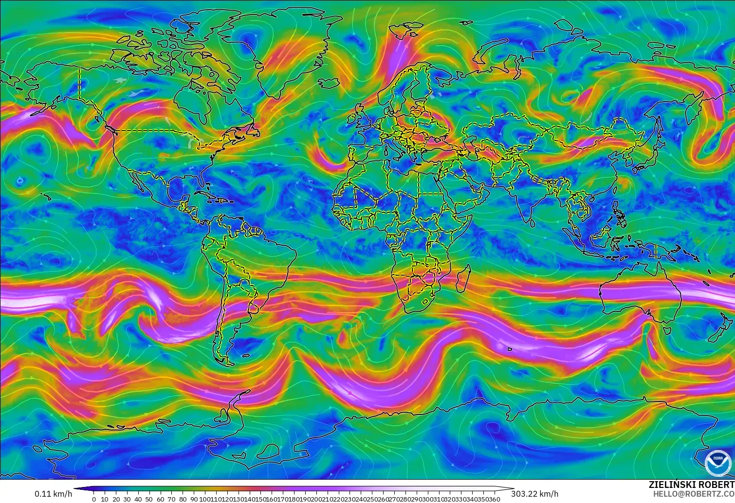 GFS modelo - Mundo, Viento a 300 hPa (corriente en chorro)