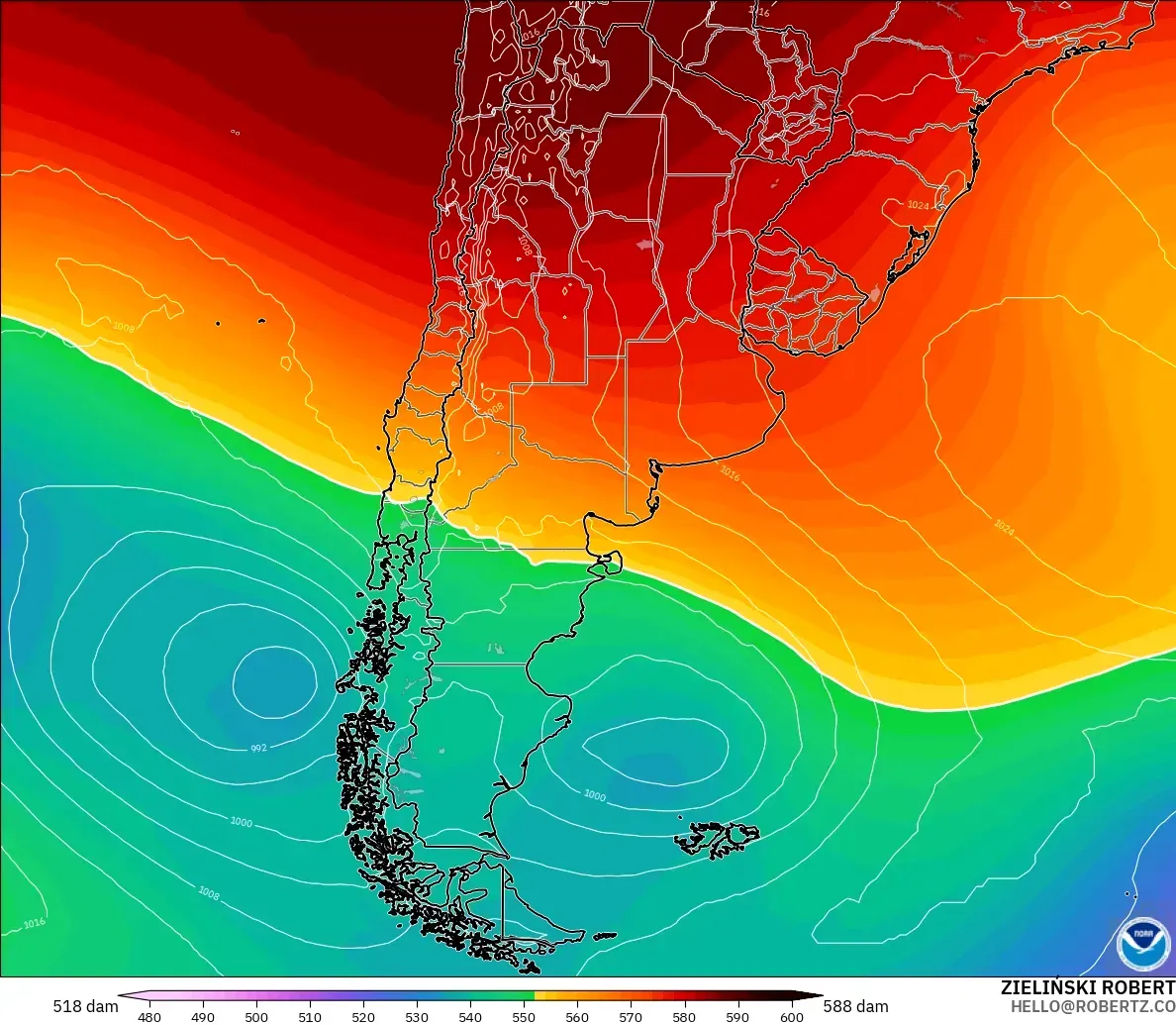 GFS modelo - Argentina, Altura geopotencial a 500 hPa
