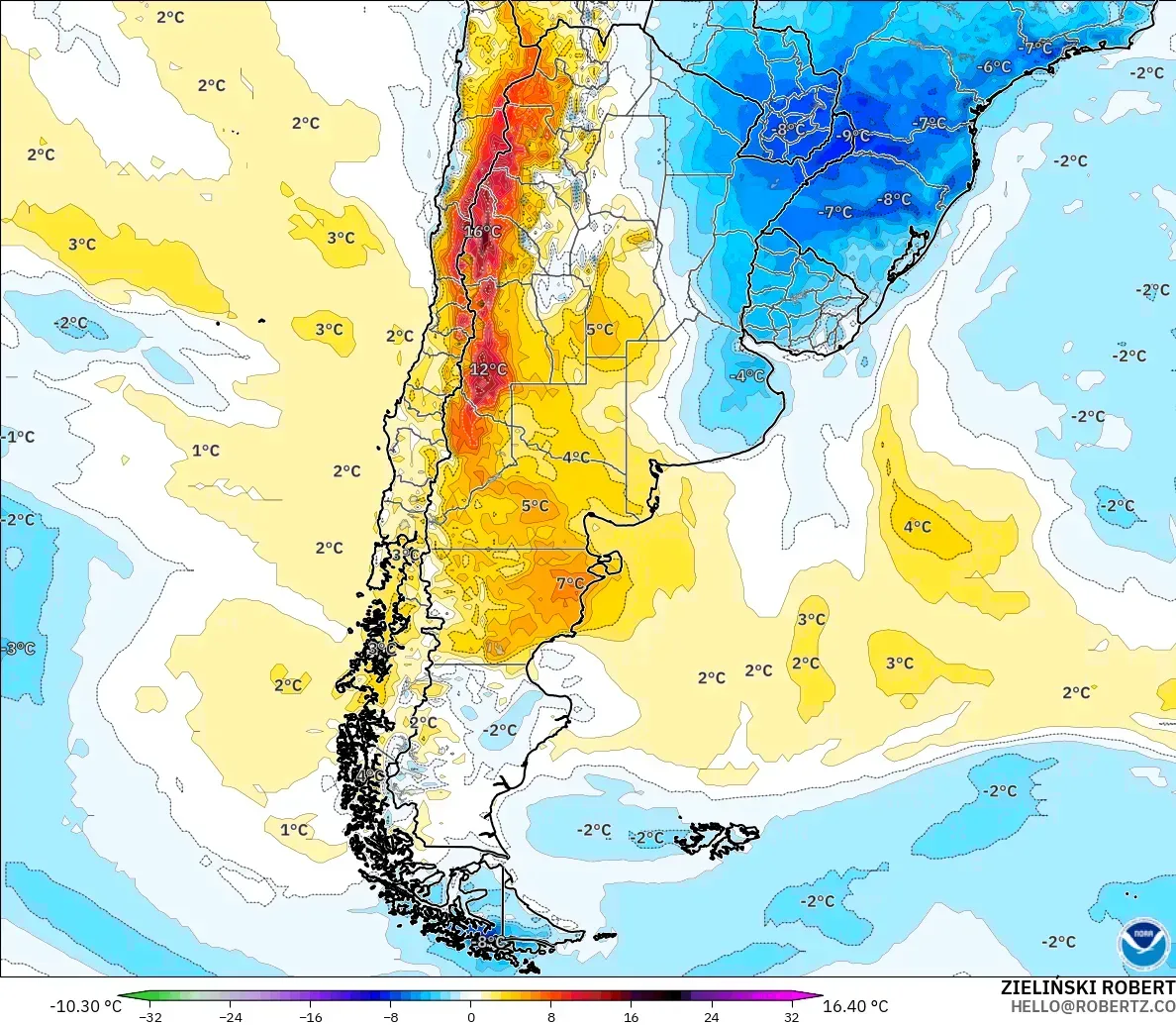 GFS modelo - Argentina, Anomalía de temperatura a 2 m