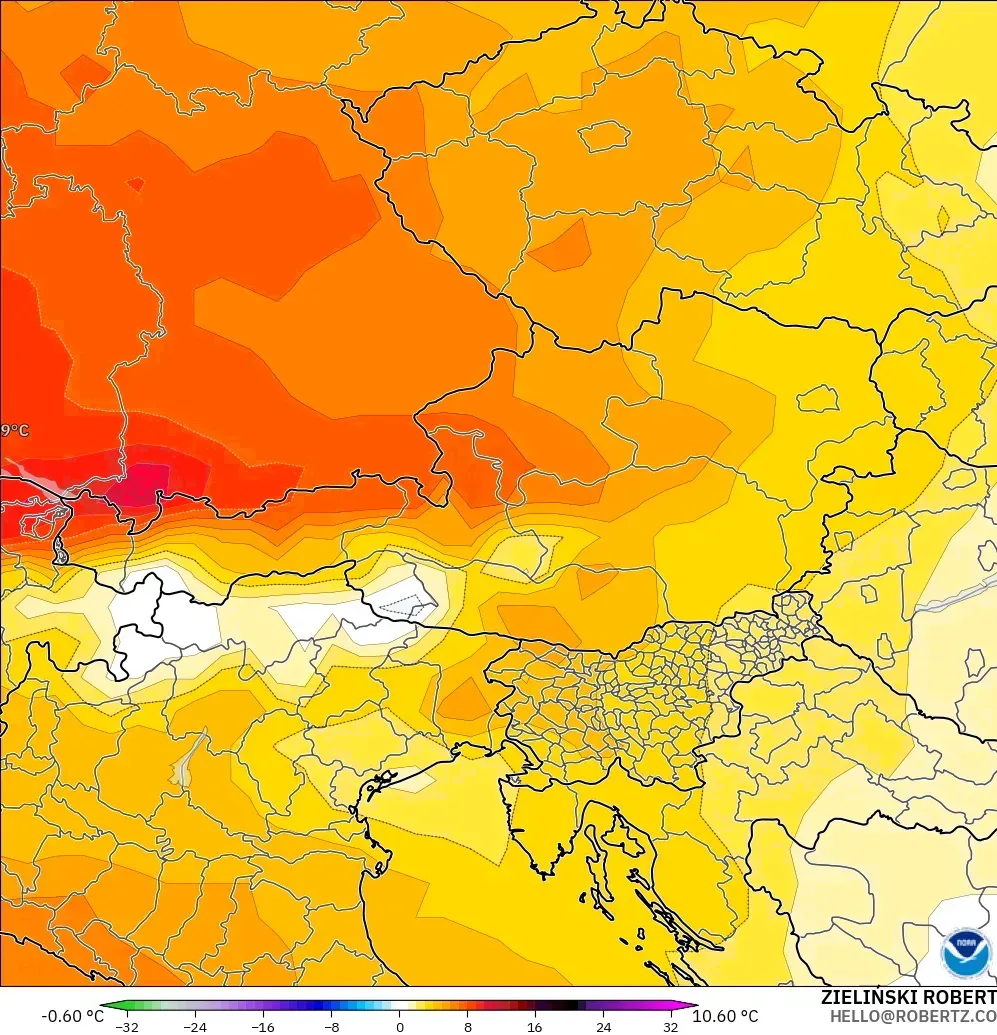 GFS modelo - Austria, Anomalía de temperatura a 850 hPa