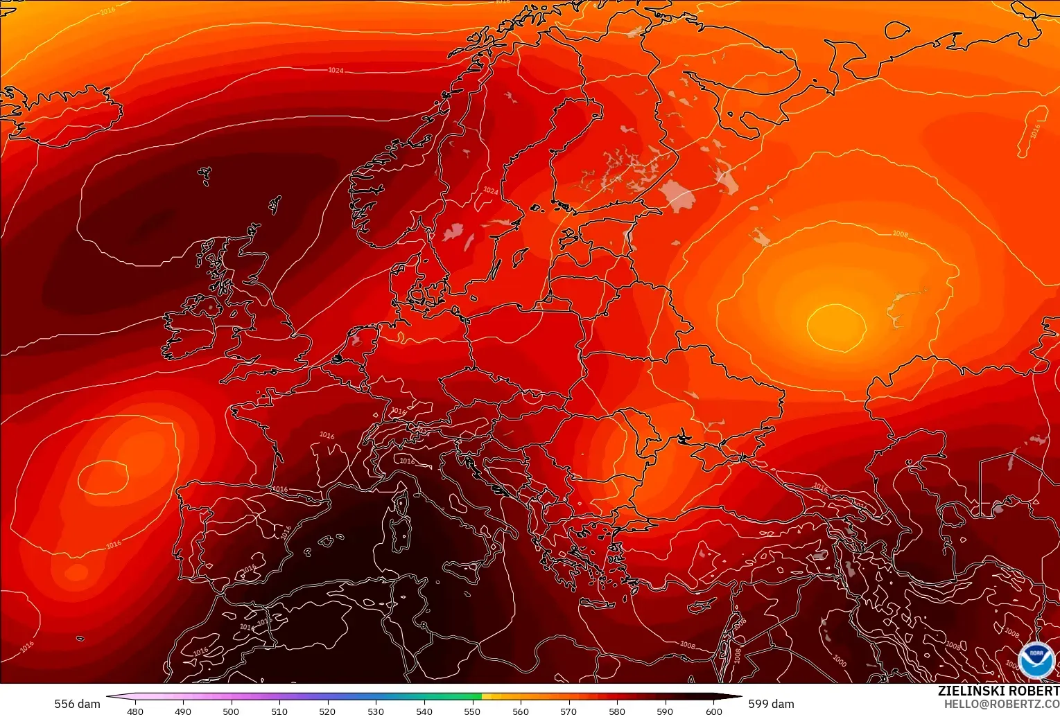 GFS modelo - Europa, Altura geopotencial a 500 hPa