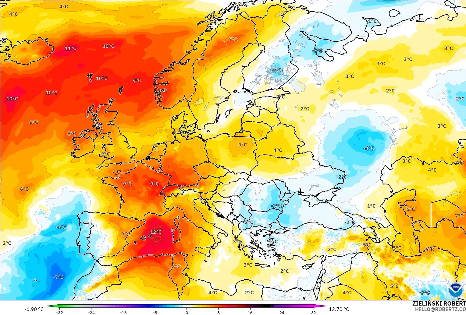 GFS modelo - Europa, Anomalía de temperatura a 850 hPa