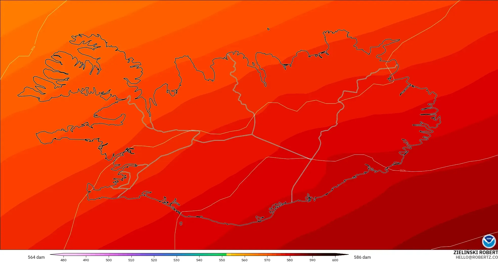 GFS modelo - Islandia, Altura geopotencial a 500 hPa