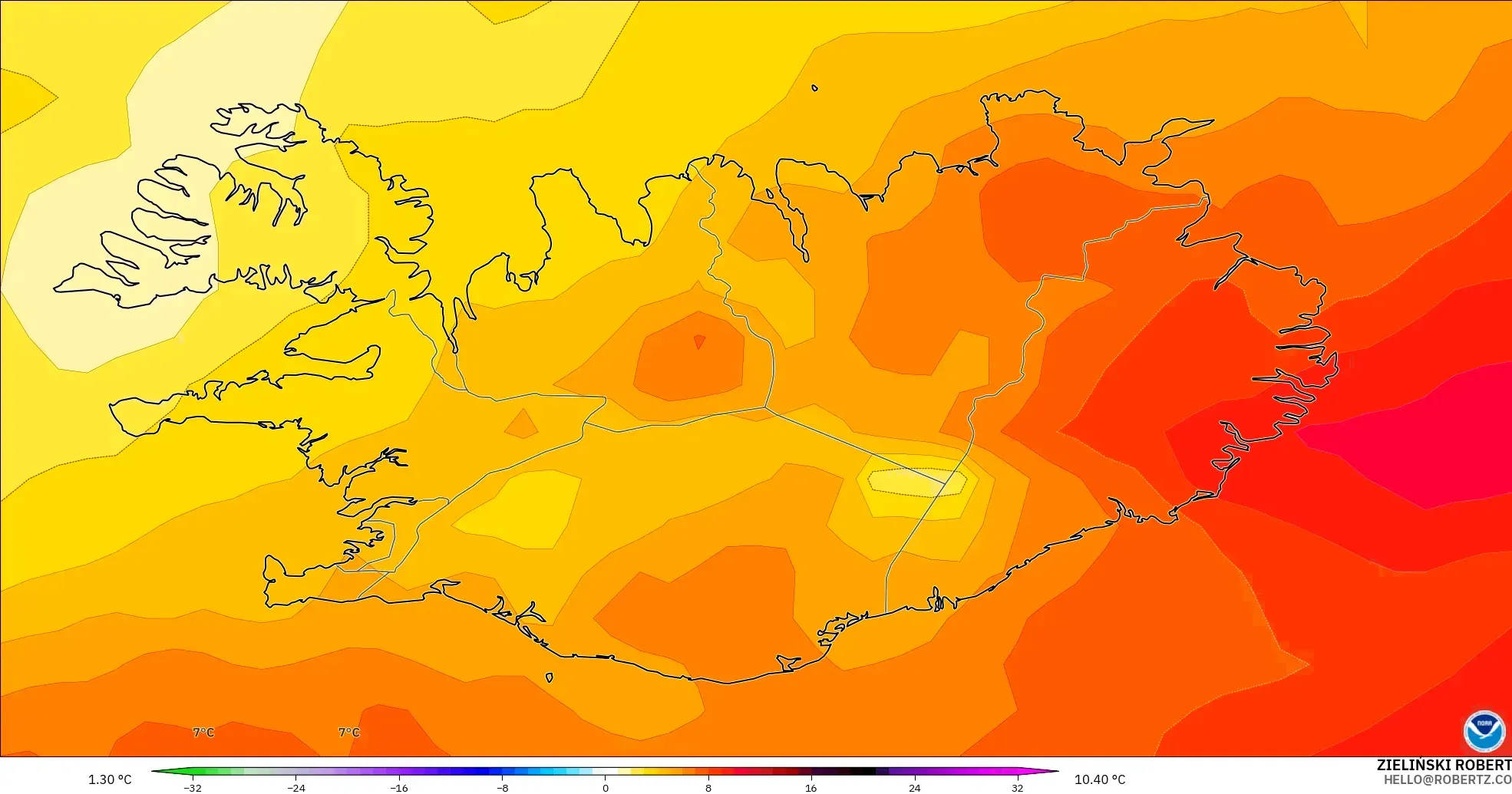 GFS modelo - Islandia, Anomalía de temperatura a 850 hPa