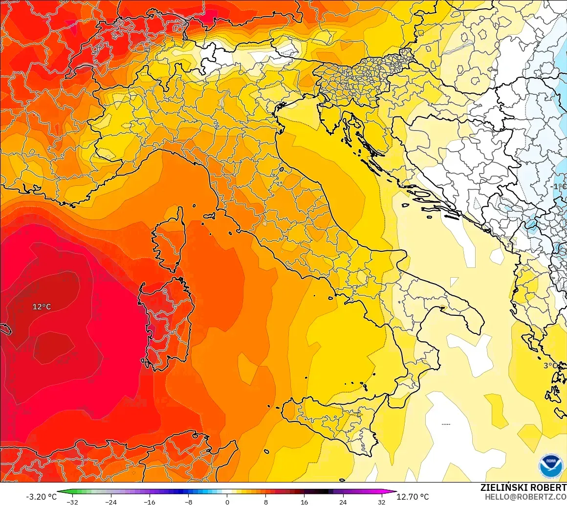 GFS modelo - Italia, Anomalía de temperatura a 850 hPa