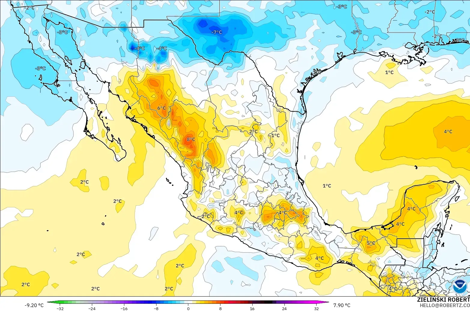 GFS modelo - México, Anomalía de temperatura a 850 hPa