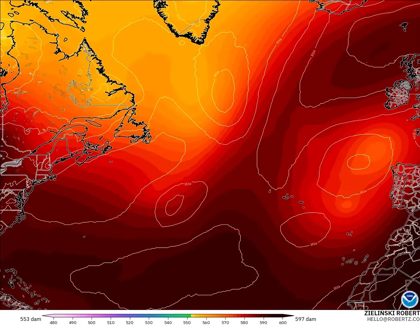 GFS modelo - Norte Atlántico, Altura geopotencial a 500 hPa