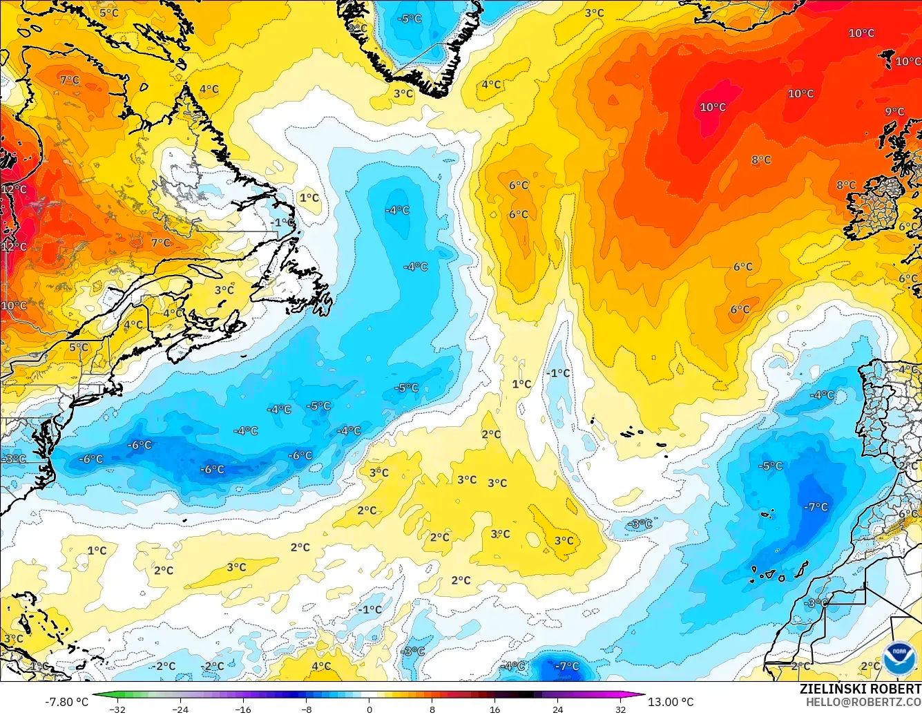 GFS modelo - Norte Atlántico, Anomalía de temperatura a 850 hPa
