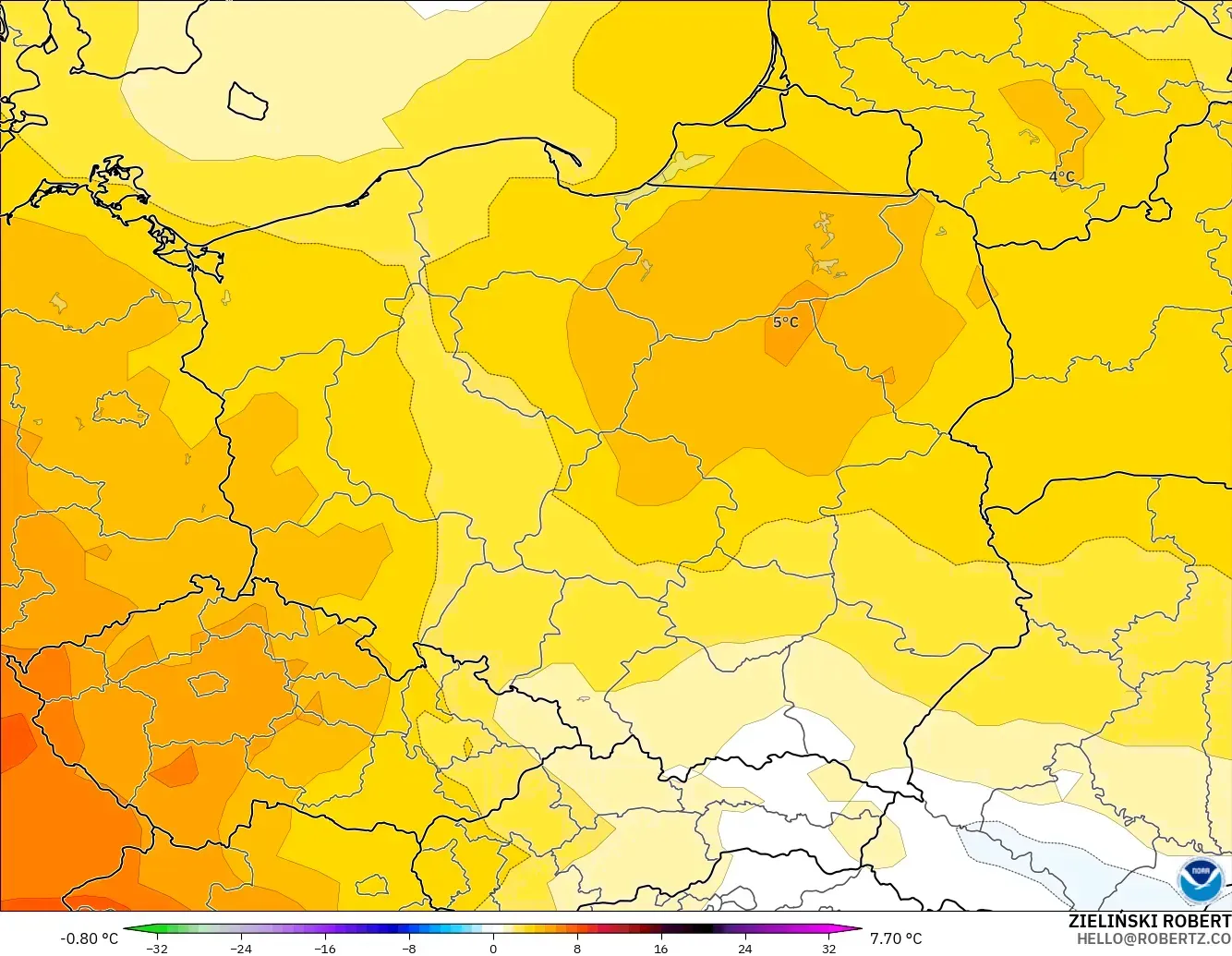 GFS modelo - Polonia, Anomalía de temperatura a 850 hPa