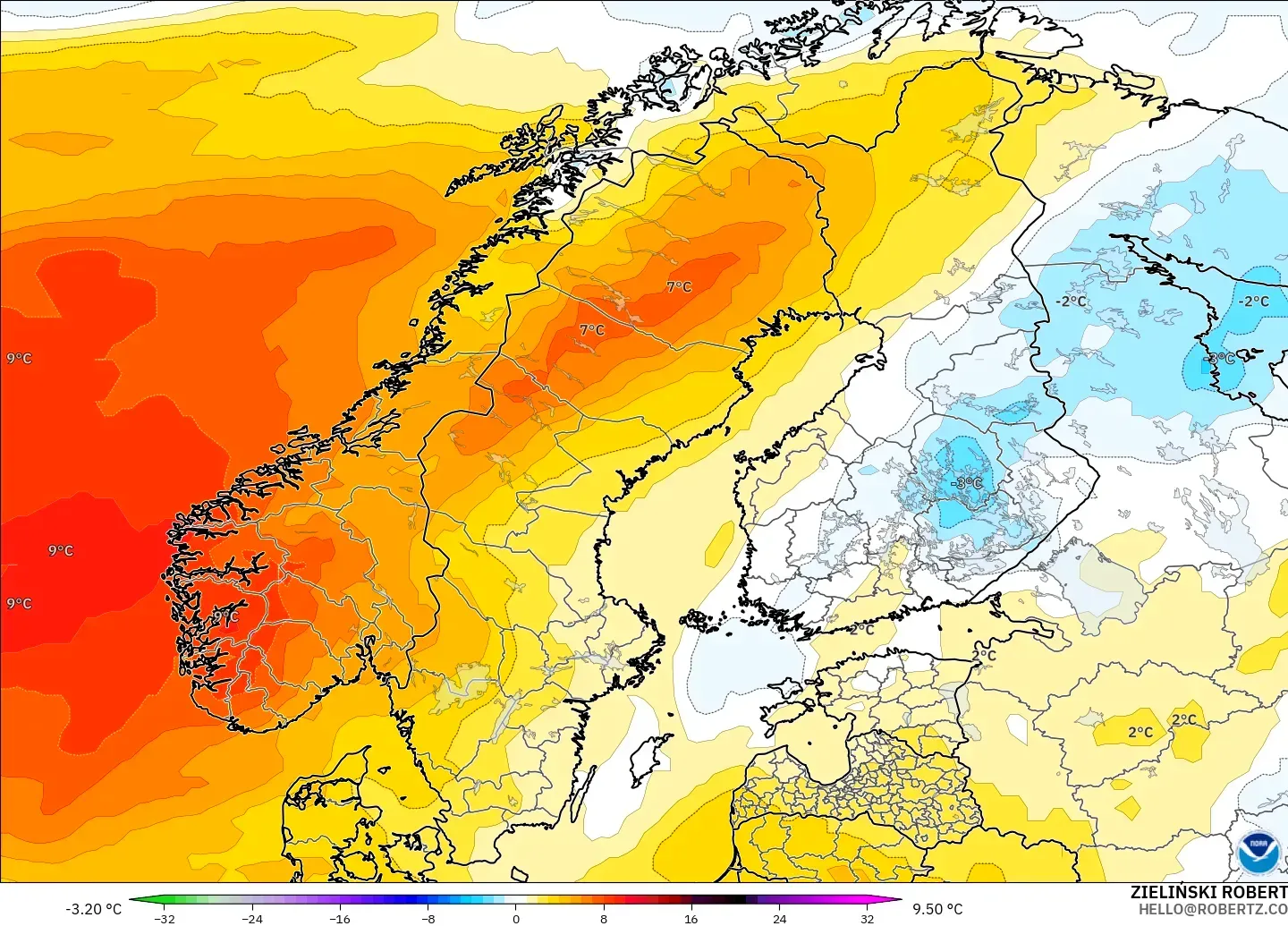 GFS modelo - Escandinavia, Anomalía de temperatura a 850 hPa
