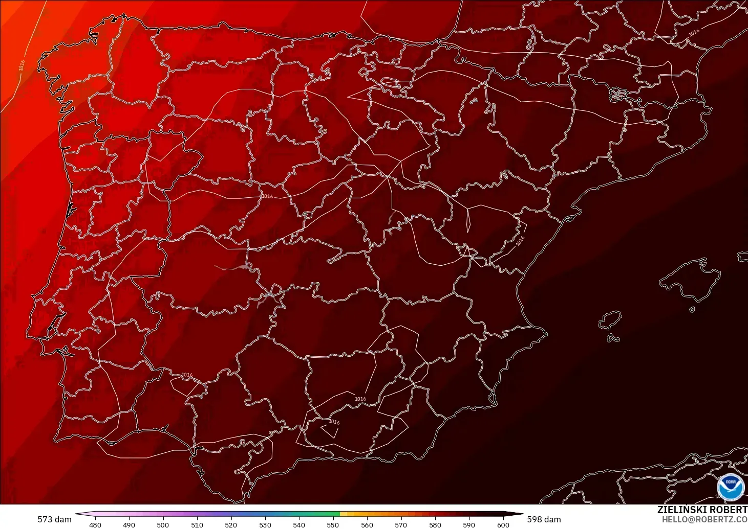 GFS modelo - España, Altura geopotencial a 500 hPa